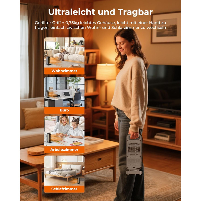 Електричний обігрівач 2000W з терморегулятором, тихий, 3 режими, PTC кераміка, швидкий нагрів, ECO режим, пульт, таймер 12H, поворот 70°, для офісу, спальні, ванної кімнати (чорний)