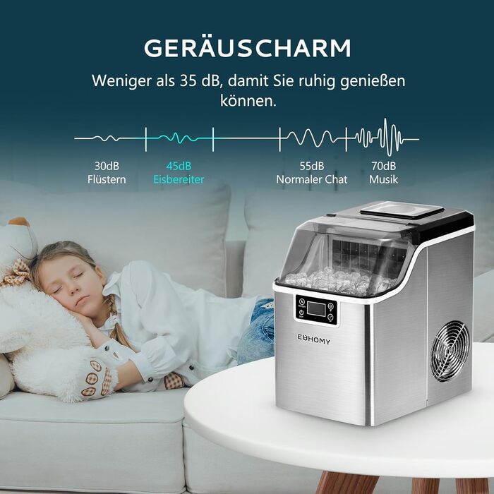 Машина для приготування льоду EUHOMY з нержавіючої сталі, 24 кубики за 13 хвилин, 24 кг/24 год, самоочисна, 3.2 л, з лопаткою та кошиком для дому/кухні/офісу/бару/RV, срібна