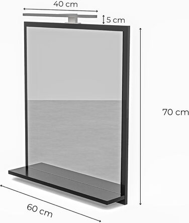 Дзеркало для ванної кімнати HAJDUK FURNITURE з підсвічуванням 4000K IP44, 70x60 см - сучасне прямокутне дзеркало з полицею та LED-підсвічуванням, чорний колір, преміум-якість