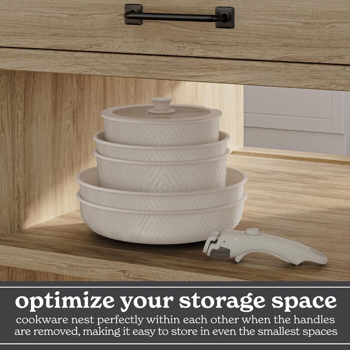 Набір посуду Rhombus 13 предметів: каструлі та сковорідки з антипригарним покриттям, знімні ручки, для кухні, кемпінгу, духовки (кремовий)