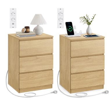 Приліжкова тумбочка VASAGLE Kailyn з розетками та USB-портами, 3 шухляди, сучасний дизайн, сіро-коричневий колір, LET831G01