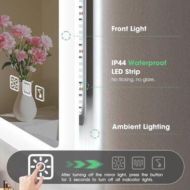 Дзеркало для ванної кімнати S'bagno з підсвічуванням 80x60 см, Bluetooth, 5x збільшення, протитуманне покриття, 3 кольори, регулювання яскравості, пам'ять налаштувань, загартоване скло, IP44 вологостійкість, горизонтальне/вертикальне встановлення