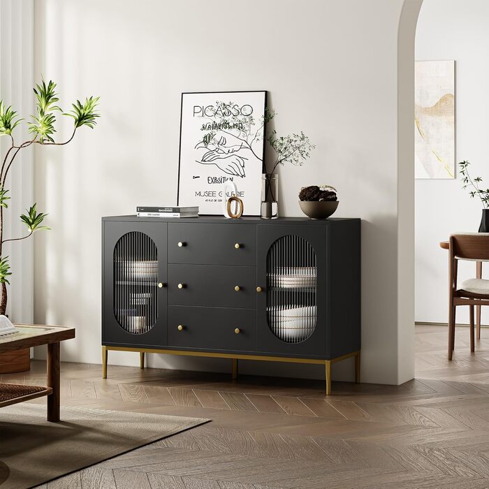 Буфет-комод FirFurd 120 см білий/чорний з робочою поверхнею та 3 ящиками | Кухонний буфет для кухні, вітальні, їдальні