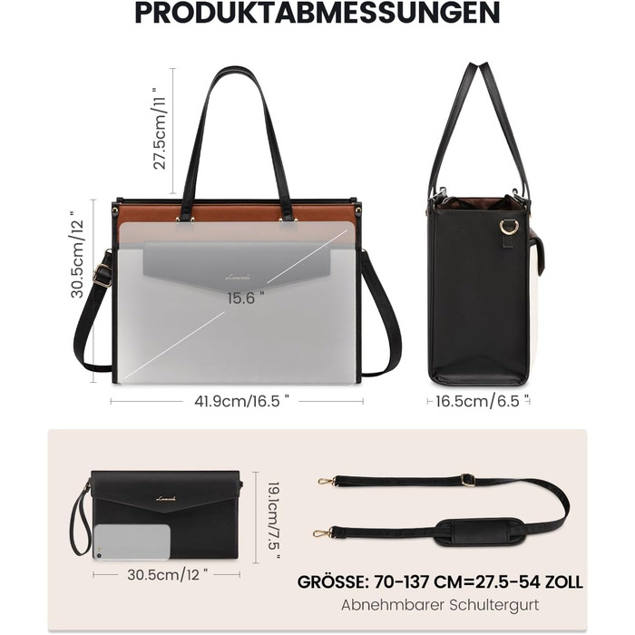 Сумка для ноутбука LOVEVOOK 15.6 дюймів, водонепроникна, для жінок, сумка-шоппер, шкіряна, для роботи, навчання, чорна, бежева, коричнева