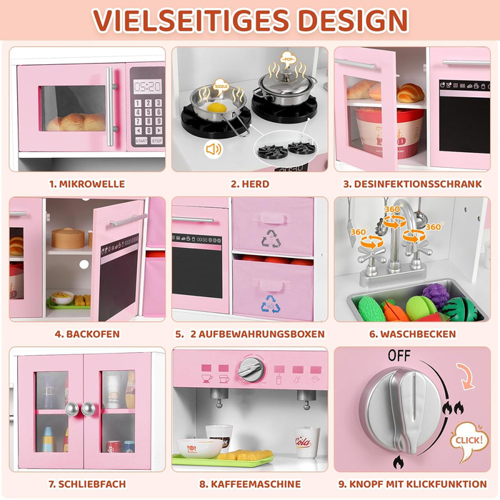 Дерев'яна дитяча кухня MAMIZO з підсвічуванням та звуком, іграшкова кухня для дітей, 90x30x90 см, з аксесуарами та 2 ящиками, іграшка для дітей від 3 років (Рожева)
