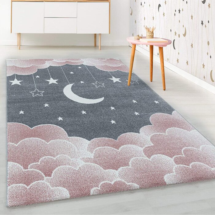 Дитячий килим HomebyHome з коротким ворсом у вигляді зоряного неба, Місяця, хмар, м'який дизайн для дитячої кімнати, Колір рожевий, Розмір (200x290 см, рожевий)
