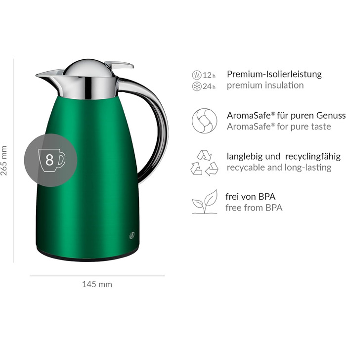 Термос Alfi SIGNO 1.0л, сатиновий срібний, з нержавіючої сталі з гігієнічним скляним вкладишем, з кришкою-поворотом та зручною кнопкою, ергономічна ручка, для використання однією рукою, ідеальний як чайник для кави та чаю (Satin Green)