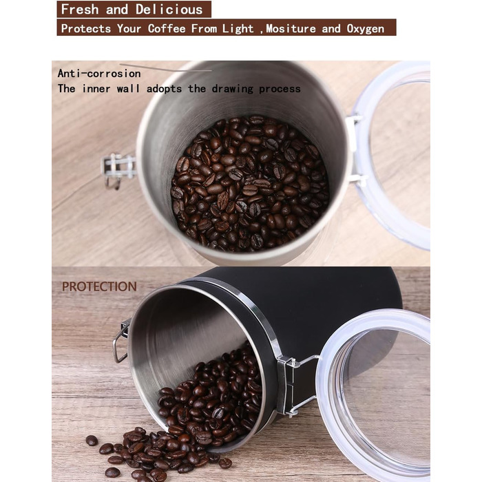 Герметична контейнер для кави та продуктів, набір 2 шт, 1.8L, нержавіюча сталь, чорний