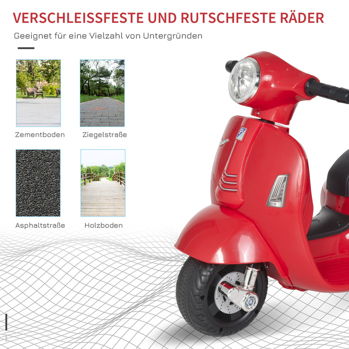 HOMCOM VESPA Електричний мотоцикл Дитячий мотоцикл Електромобіль 18-36 місяців 3 км/год Світлодіодне світло Звук PP Пластик Метал Червоний 66.5 x 38 x 52 см