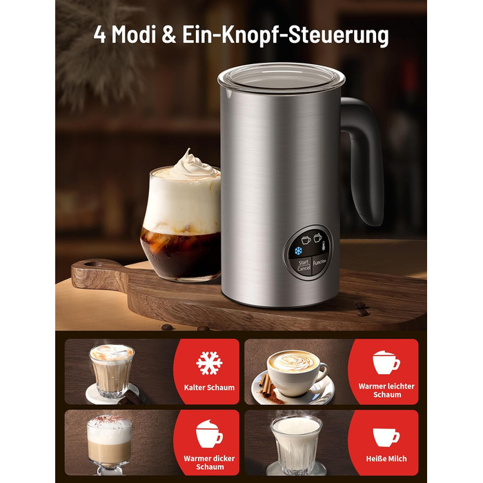 Електричний спінювач молока PARIS RHÔNE 4-в-1, 300 мл, індукція, антипригарне покриття, бездротовий, срібний