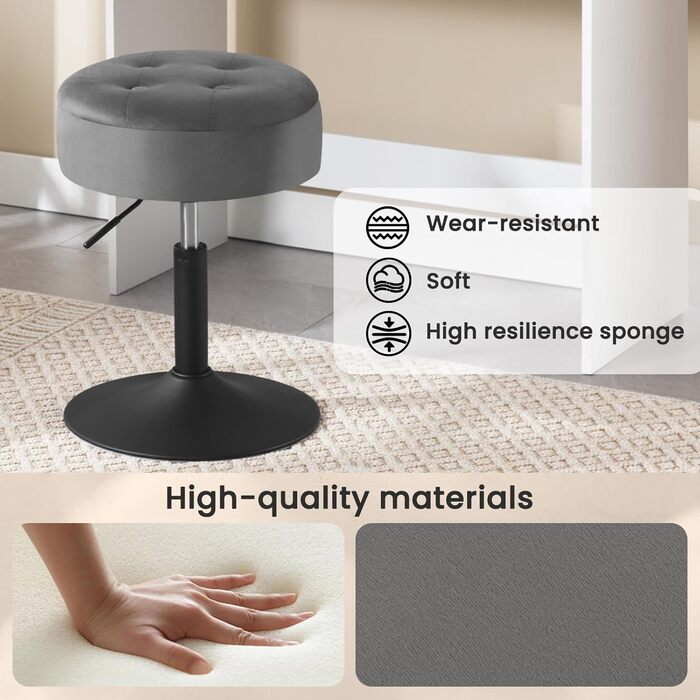 Крісло для туалетного столика WOLTU BH329sz-1, пуф з місцем для зберігання, регульована висота, обертається на 360°, сірий велюр