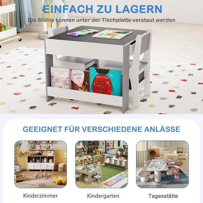 Детский стол со стульями COSTWAY 3 в 1: деревянный стол для рисования с ящиком и 2 стульями, для детей от 3 лет (Серый, Комбинированный)