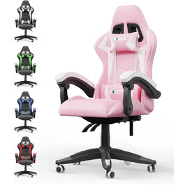 Ігровий крісло Bigzzia Ergonomiczne - ігровий сідло з подушкою для попереку та підголівником, 90-135° спинка, ігровий стілець для ПК, геймерський стілець для дорослих, дівчаток та хлопців, рожево-білий