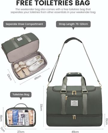 Спортивна сумка LOVEVOOK для жінок: дорожня сумка, weekender, з косметичкою, відділенням для взуття та мокрих речей, водонепроникна пляжна/басейнова/сауна сумка, ручна поклажа для подорожей, зелена