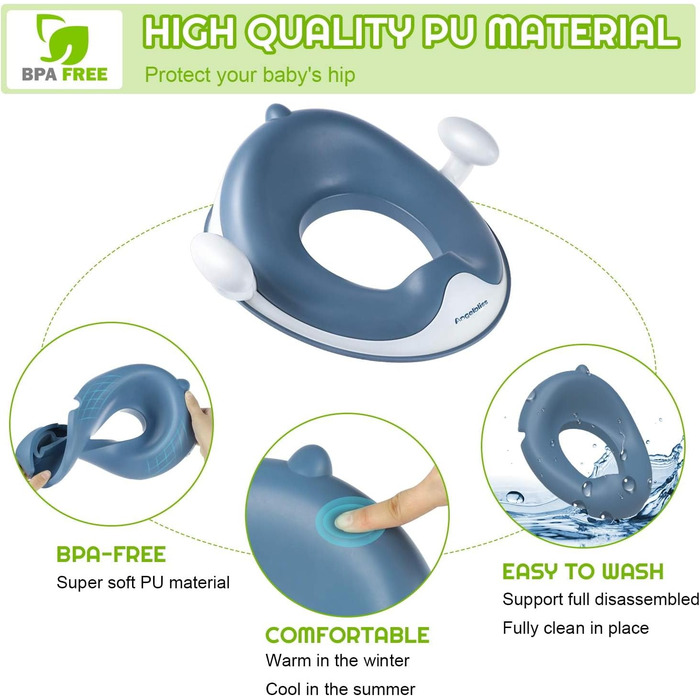 Сидіння для унітазу Angelbliss з ручками та захистом від бризок, для дітей та немовлят, блакитне. Тренажер для привчання до горщика з подвійним антиковзким покриттям