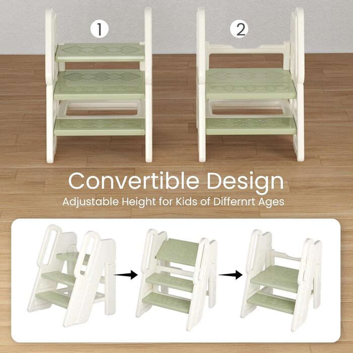 Триттхокер Hoopyosms для дітей, 2/3-рівневий, регульована висота, складний, з поручнями, антиковзкий, для ванної та кухні, піднімна драбинка для малюків (Класичний, Зелений)