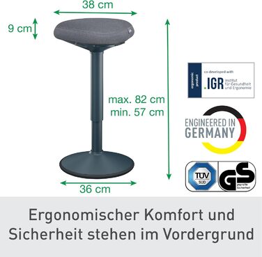 Leitz Ergo Active Столик для стояння з пінопластовим сидінням, регульована висота 57-82 см, оббивка з переробленого матеріалу, до 110 кг, серія Ergo, темно-сірий, 65450089