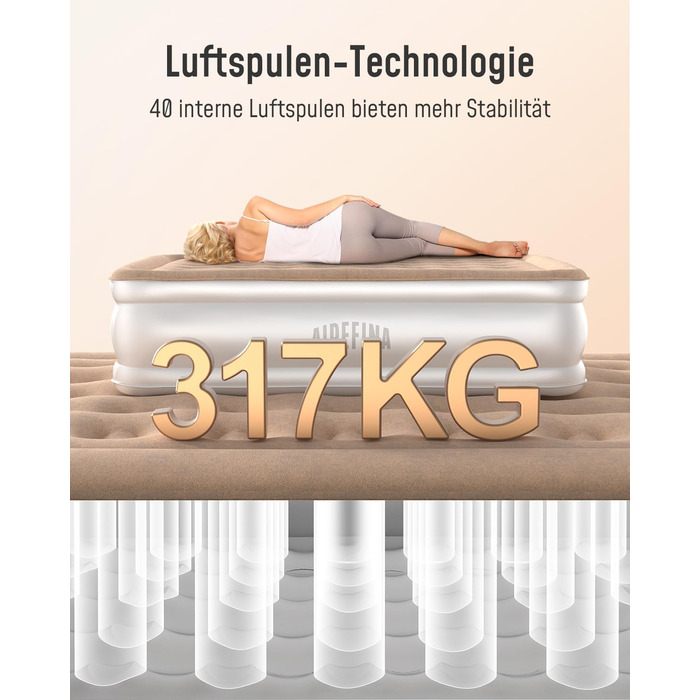 Надувна матрац Airefina з інтегрованим насосом, преміум-якість, для гостей, кемпінгу та дому, 203x152x40 см, на 2 особи
