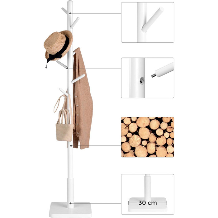 Стійка для одягу VASAGLE, дерев'яна, з 8 гачками, для передпокою, білий колір RCR010W02