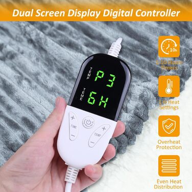 Електрична ковдра ITSHINY 180x135 см з цифровим регулятором, 6 режимів нагріву, таймер 1-10 годин, захист від перегріву, пральна машина, м'який фланель, сірий колір