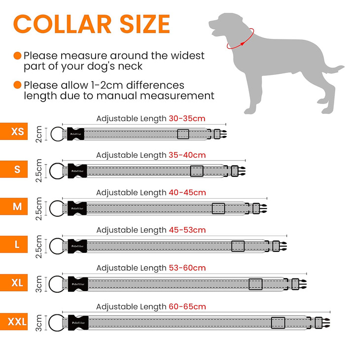 Нашийник для собак PcEoTllar, помаранчевий-XS, регульований, м'який, світловідбиваючий, дихаючий (50 символів)