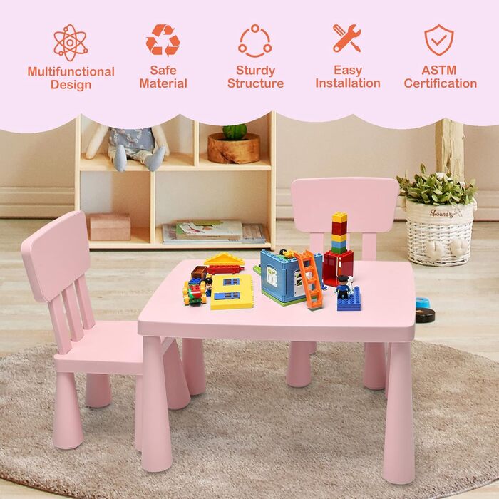 Дитячий столик LIFEZEAL з 2 стільцями, рожевий. Дитяча меблі з пластику, стіл і стільці для дівчаток та хлопчиків