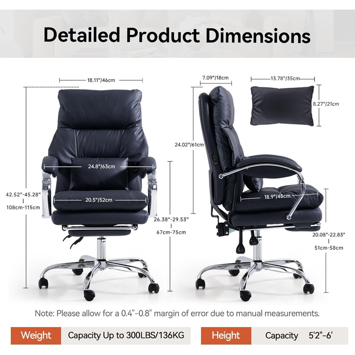 Офісний крісло EMIAH з підніжкою, комфортний крісло для роботи з підлокітниками, ергономічний крісло для начальника з PU шкіри та роликами, ігровий комп'ютерне крісло з потовщеною подушкою,(Чорний)