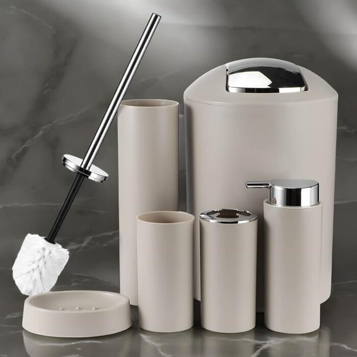 Набір аксесуарів для ванної кімнати 6tlg Badset: мильниця, стакан для зубних щіток, відро для косметики, щітка для унітазу з тримачем, мильниця, сміттєвий бак, тримач для зубних щіток, повна ванна кімнатна гарнітура (бежевий дизайн 2a)