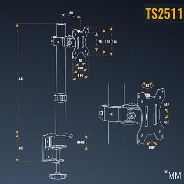 Кріплення для монітора RICOO TS7011: підставка для екрану 12-27 дюймів, VESA 75/100, кріплення до столу