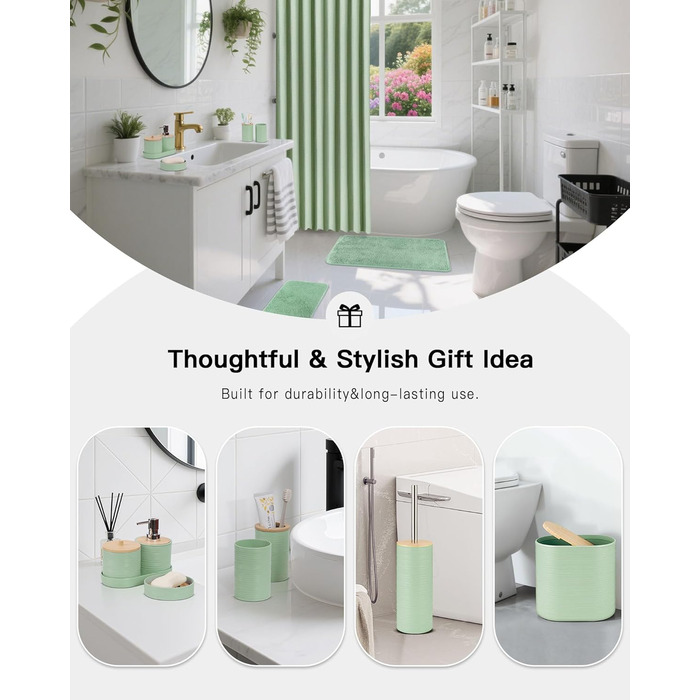 Набір аксесуарів для ванної кімнати IMAVO, 9 предметів: сміттєвий бак, дозатор мила, мильниця, тримач для зубних щіток, стакан для зубних щіток, тримач для унітазного йоржика, дозатор для ватних паличок (зелений, 26 предметів + шторка для душу з текстурою