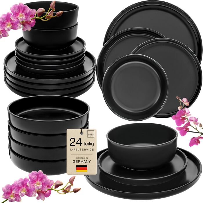 Набір посуду SÄNGER Madeira на 6 осіб, 30 предметів: тарілки, чашки, салатники, чорний керамічний посуд для мікрохвильовки та посудомийної машини | VALUE COLLECTION