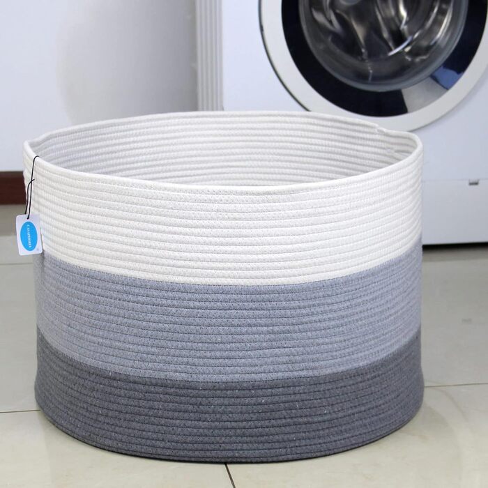 Кошик для зберігання Casaphoria з бавовняного шнура для вітальні, плетені кошики з ручками для ковдр, рушників та подушок, кошик для білизни, кремово-білий та коричневий (55,9 x 55,9 x 35,6 см, XXXL)