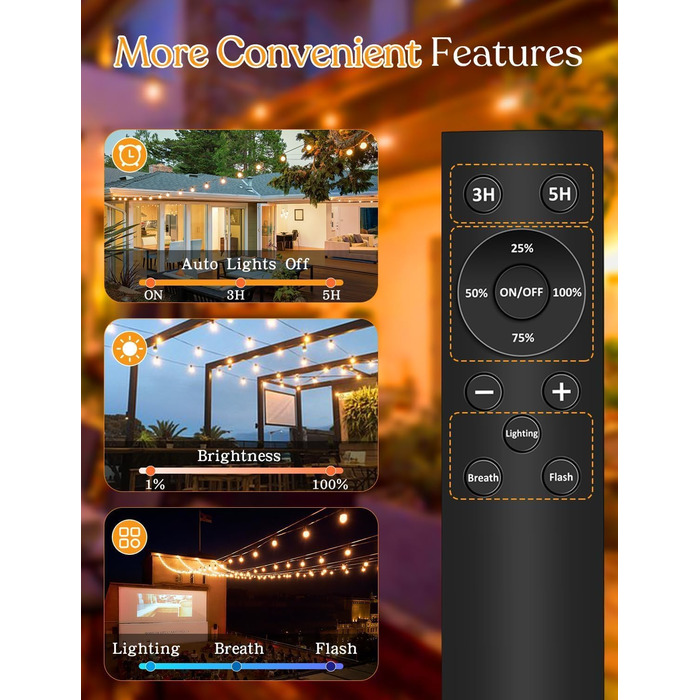 LED гірлянда для вулиці з пультом керування, 15м, G40, диммування, 4 режими, таймер, вологостійка, для саду, балкону, тераси, вечірки, кемпінгу, весілля