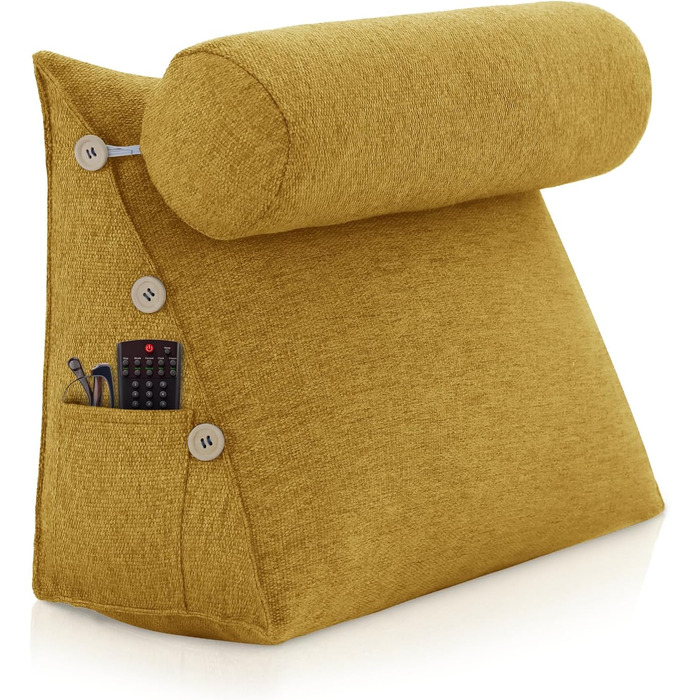 Підкова для читання Bettkeil, регульоване подушечкове ліжко, трикутна подушка, подушка-клинок, диванна подушка для попереку, шиї, подушка для підтримки спини з знімним льняним чохлом (жовтий, з подушкою для шиї 60см)