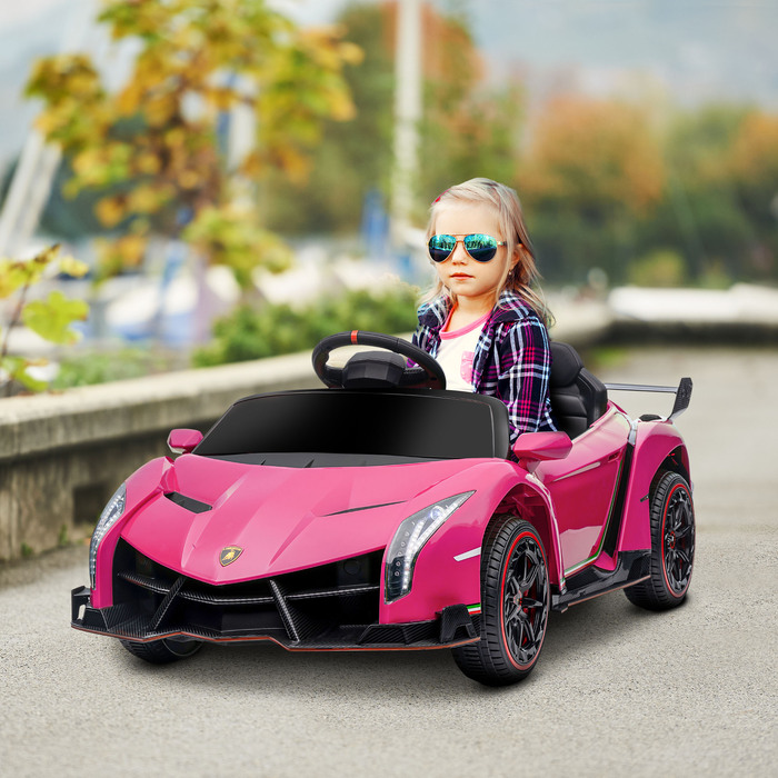 Електромобіль HOMCOM для дітей, ліцензійна модель Lamborghini Veneno, швидкість до 3-7 км/год, двері-крила, музичний плеєр, пульт дистанційного керування, рожевий