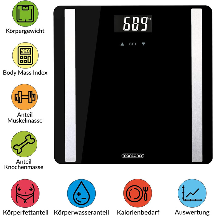 Цифрові ваги для ванної кімнати monzana 8 в 1 Шкала жиру в організмі Система BIA Ваги для тіла Місця для зберігання до 10 осіб