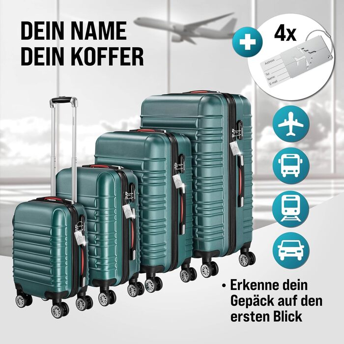 Набір валіз Monzana® 4 шт. з замком, органайзером, вагами та ременем. Валіза-тележка з жорсткою оболонкою S-M-L-XL (зелена)