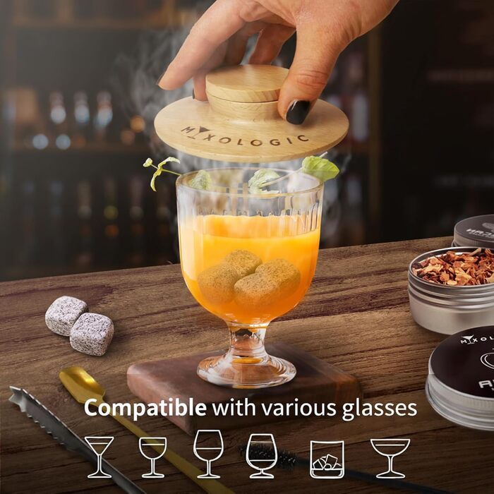 Комплект для копчення коктейлів MIXOLOGIC: набір для віскі, 6 дерев'яних чіпсів, камені для віскі та аксесуари для Old Fashioned