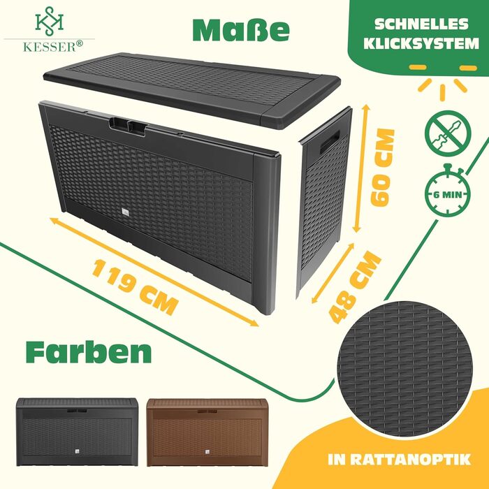 Скриня для подушок KESSER 310л з роликами, замком та автоматичним підйомником, антрацит. Садова водонепроникна скриня для зберігання речей, ратан-ефект