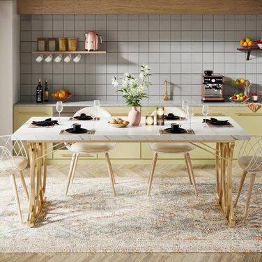 Білий обідній стіл 160x80 см з металевим каркасом та стільницею з акрилового каменю (Kunstmarmor) - для їдальні та кухні