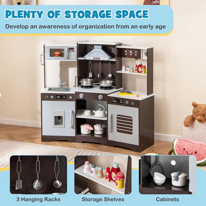 Кухонний набір DREAMADE для дітей: дерев'яна кухонка з аксесуарами, світло та звук, від 3 років (колір: коричневий)