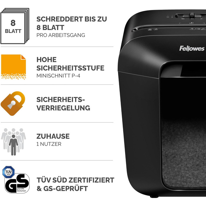 Fellowes шредер для документів, P4, чорний, 15л, для дому та офісу, знищення кредитних карт, 8 листів