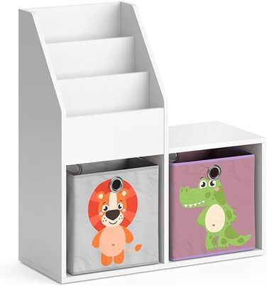 Дитяча полиця Луїджі Лоток для іграшок Книжкова шафа для зберігання Полиця для коміксів для дітей ((лавка 2 відділення), ) (Біла, 72x79 зі складними коробками Лев/Крокодил)