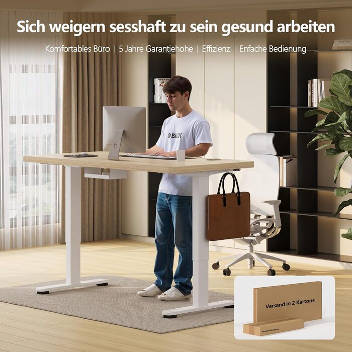 Регульований стіл, 160x80 см, електричний стоячий стіл з подвійним мотором, сенсорна панель, USB-A, кабелеуправління, стільниця 25 мм, ергономічний офісний стіл, білий