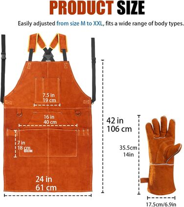 Швейний фартух QeeLink зі шкіри з рукавичками, 6 кишень, вогнестійкий та жаростійкий, коричневий