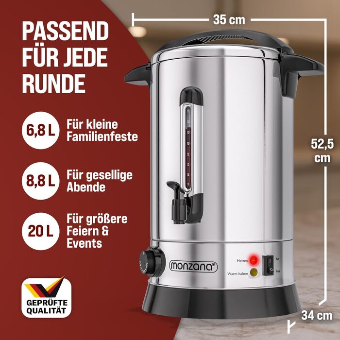 MONZANA Електричний нагрівач для глінтвейну 20 л з краном, термостатом 30-110°C, з нержавіючої сталі, на 90 чашок, для консервування, нагрівач пуншу, автомат для гарячих напоїв 20 л