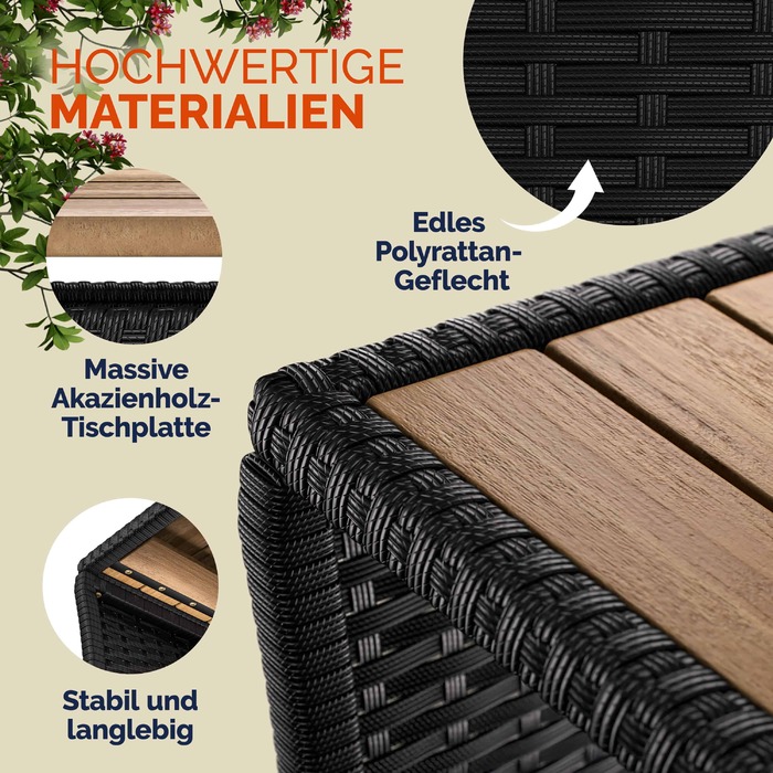 Розкладний столик з ротангу Polyrattan, чорного кольору, розміром 40x45x45 см з акційним деревом.