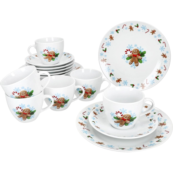 MamboCat Candyman 18-ти частинний кавовий сервіз з порцеляни для 6 осіб з новорічним дизайном (6 чашок 160 мл, 6 підставок, 6 тарілок)