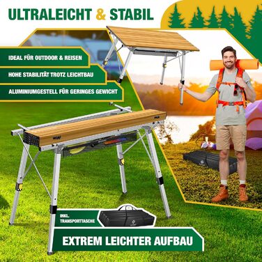 Зручний складаний столик KESSER® для кемпінгу з алюмінієвим каркасом та регулюванням висоти, 90x53 см, до 100 кг, з сумкою та сітчастою кишенею, з імітацією дерева