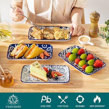 Набір тарілок Vancasso Selene 6 шт, прямокутні порцелянові тарілки для закусок, суші, десертів, фруктів, овочів 22x13 см